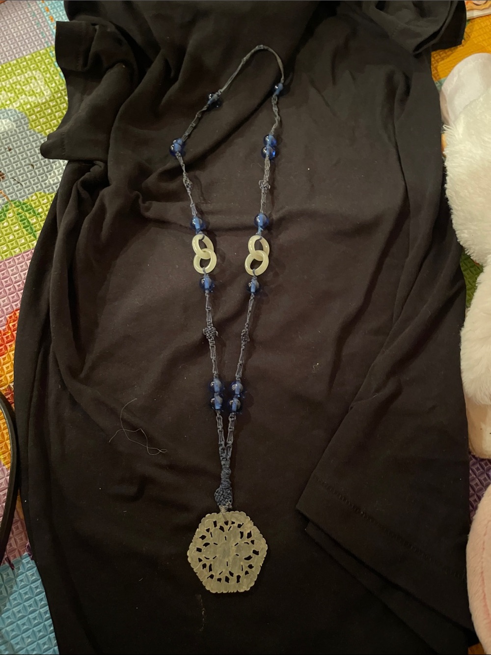 Blue Beaded Long Necklace with Carved Pendant